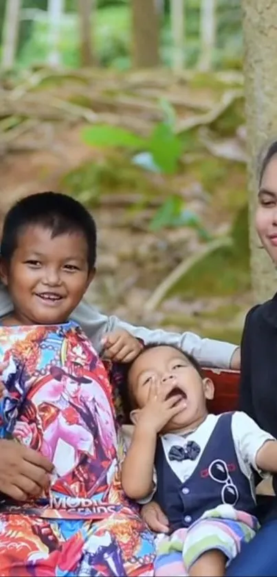 Family enjoying time outdoors amidst lush green forest backdrop.