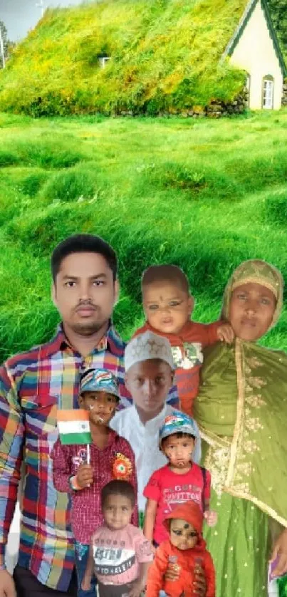 Family portrait in lush green landscape mobile wallpaper.