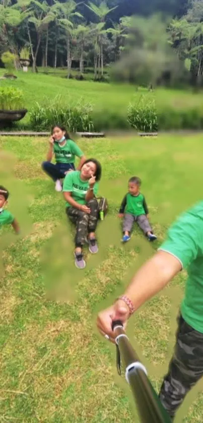 Family taking selfie in green park setting, wearing casual clothes.