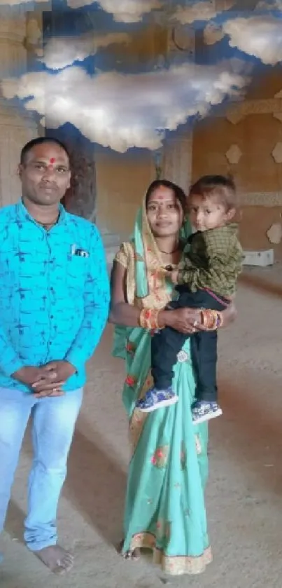 Family in a traditional setting with ornate background design.