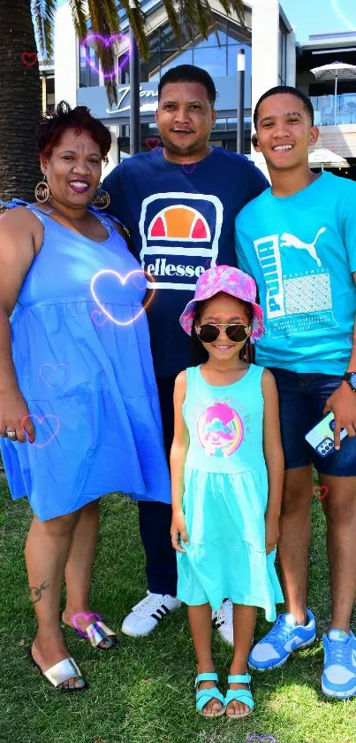 A family enjoying a vibrant day outdoors under palm trees.