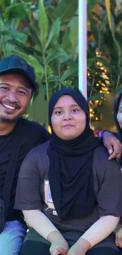 Smiling family surrounded by lush greenery.