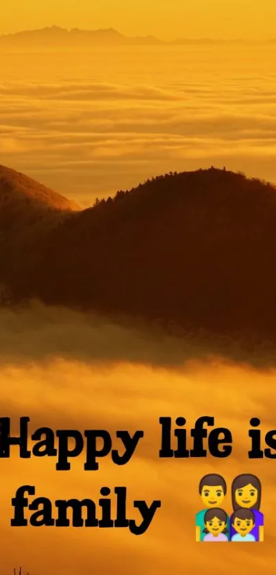 Scenic sunset over mountains with 'Happy life is family' text.