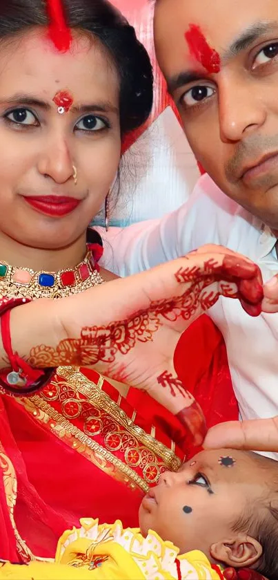 A family in traditional attire, showing love with heart gesture.