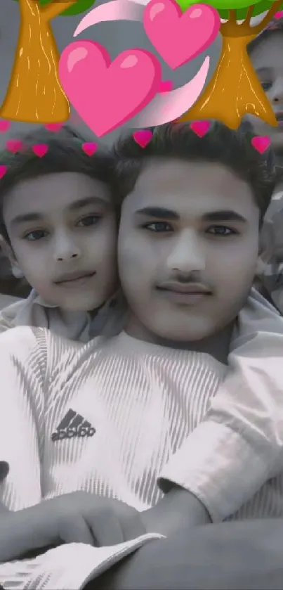 Family photo with heart filter overlay.