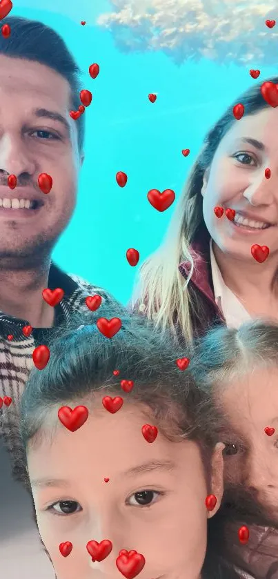 Family photo with floating red hearts on a blue background.