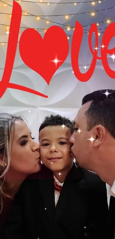 Family kissing child with love text.