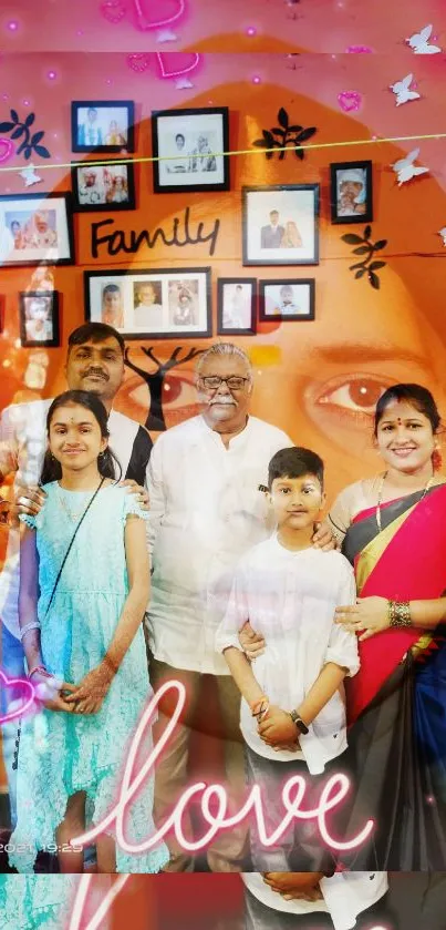 Family posing in front of a love-themed photo wall.