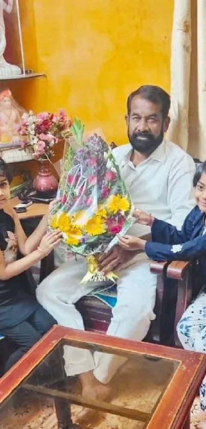 Family moment with flowers in a cozy home setting.