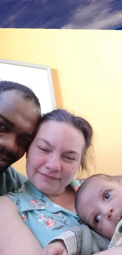 A family smiling together on a couch, exuding warmth and happiness.