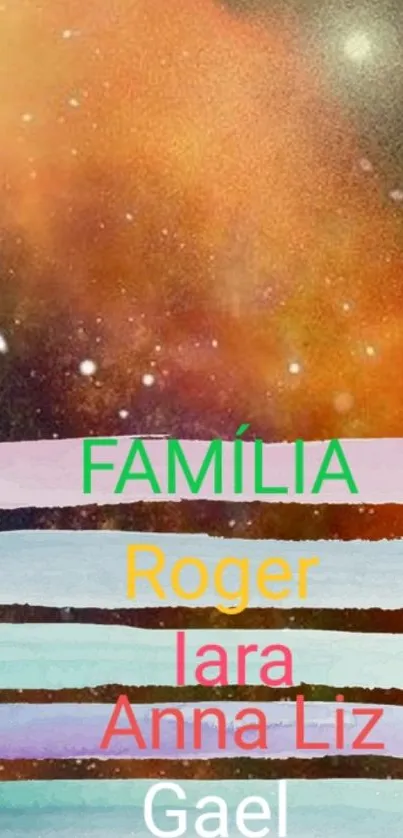 Colorful space-themed wallpaper with family names in vibrant text.