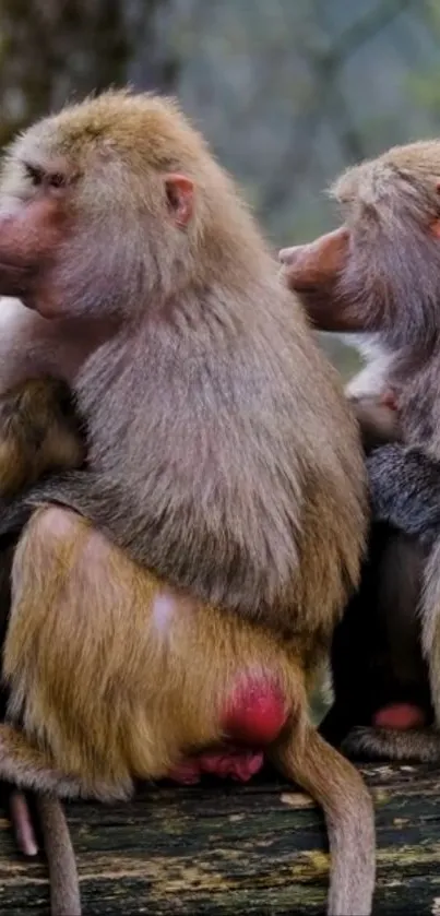 A family of baboons sitting closely in a forest setting.