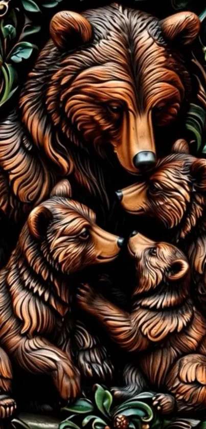 Intricately carved bear family with forest elements.