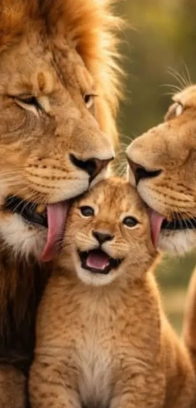 Lion family with cub licking affectionately.