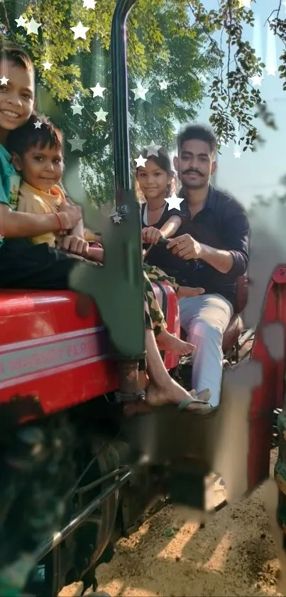 Family enjoying a tractor ride in nature.