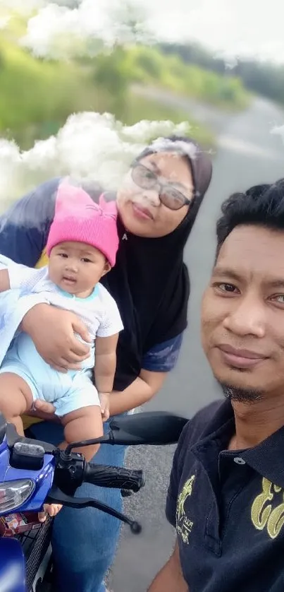 Family enjoying a motorcycle ride with nature backdrop.