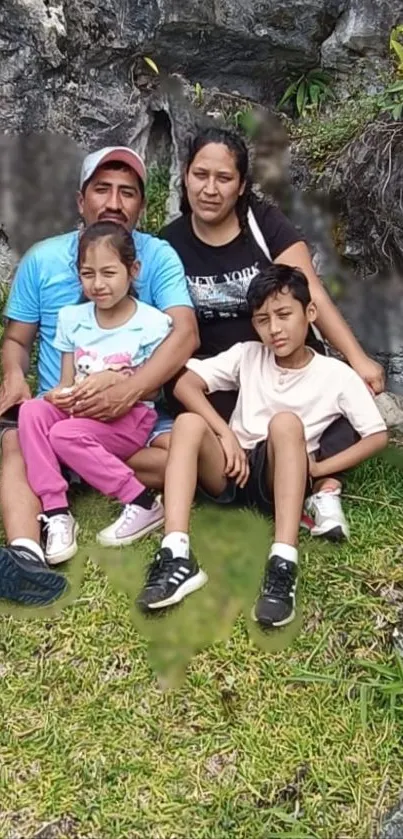 Family sitting in nature with rocky background and green grass