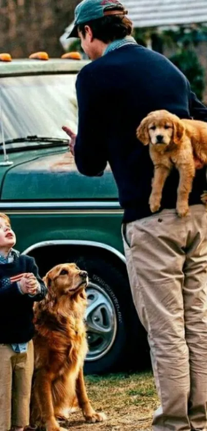 Father and son playing with golden retrievers outdoors.