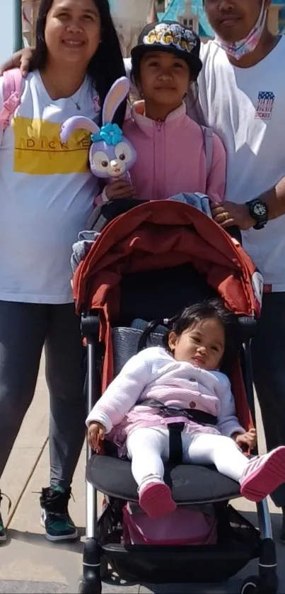 Family enjoying a bright day at the park with stroller and toys.