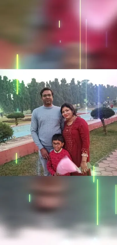 Family enjoying a moment in the park with neon light effects.