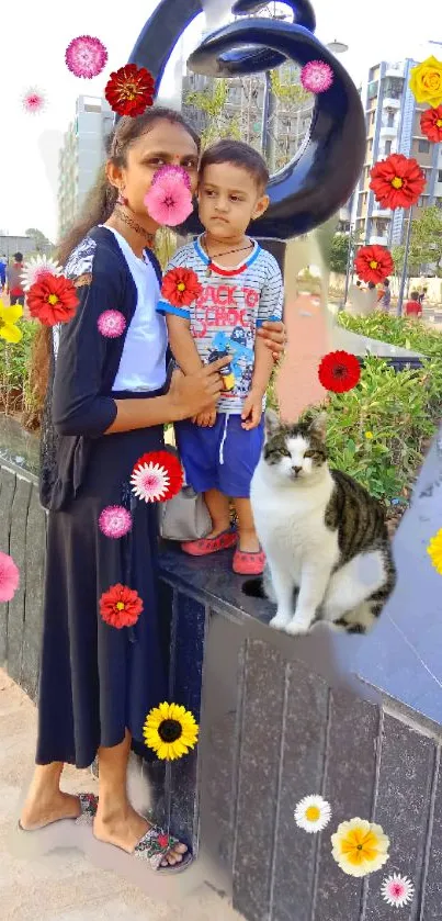 Family enjoying a colorful day at the park with flowers and a cat.