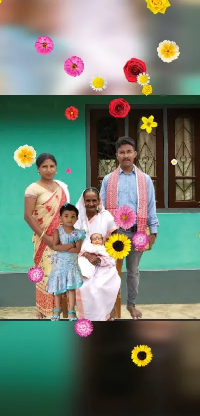 Family portrait with colorful floral design.