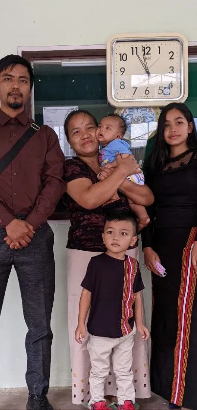 Family standing together in a home setting with a visible wall clock.