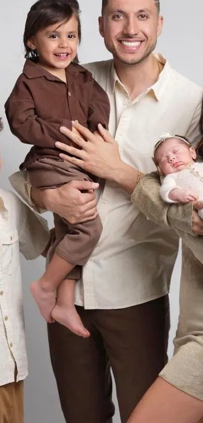 Family portrait with neutral colors, capturing warmth and joy.