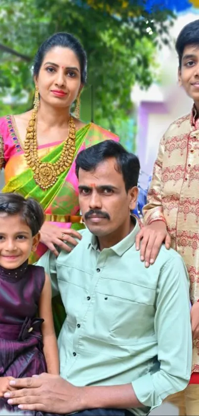 Bright family portrait with traditional attire and lively colors.