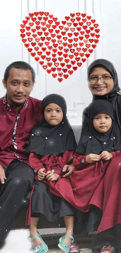 A family portrait with a heart design and red-black attire.