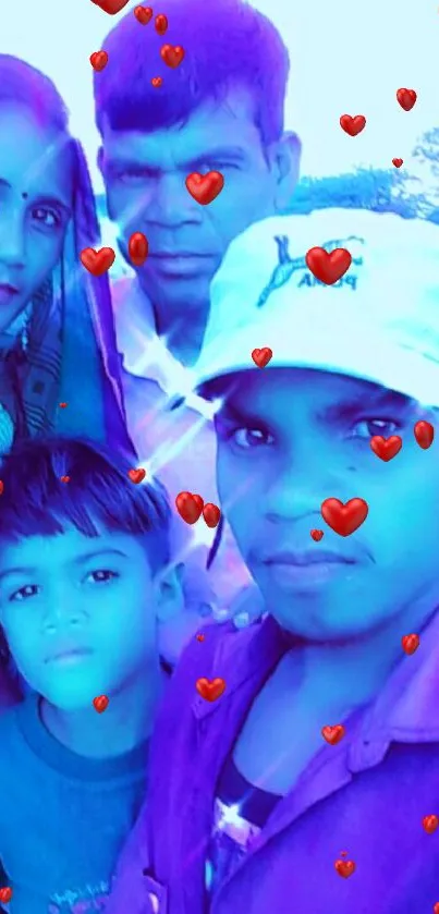 Family photo with red heart effects and vibrant blue hues.