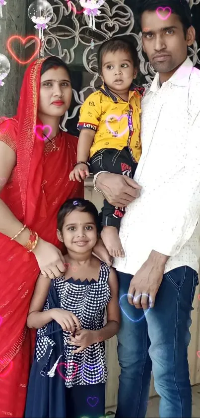 Family portrait with colorful heart decorations and loving expressions.