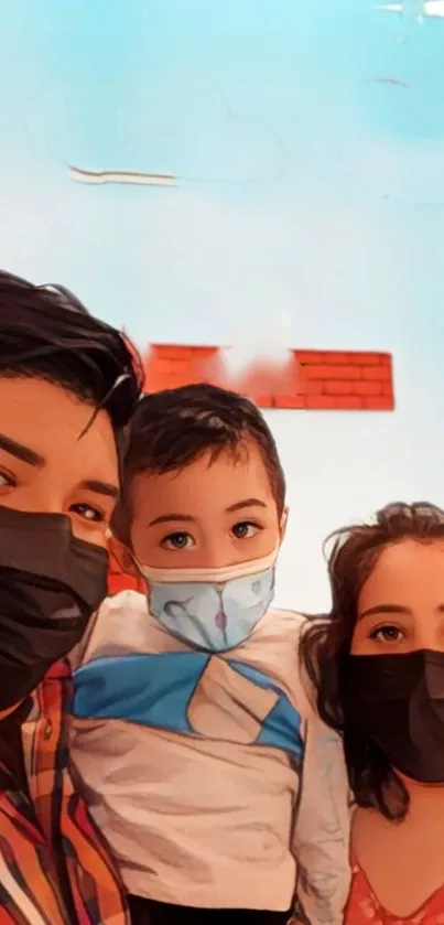 Family of three wearing masks, vibrant blue background.