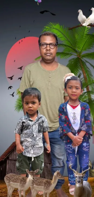 Family portrait with palm trees and deer outdoors.