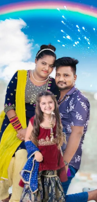 Family portrait with a rainbow and blue sky backdrop.