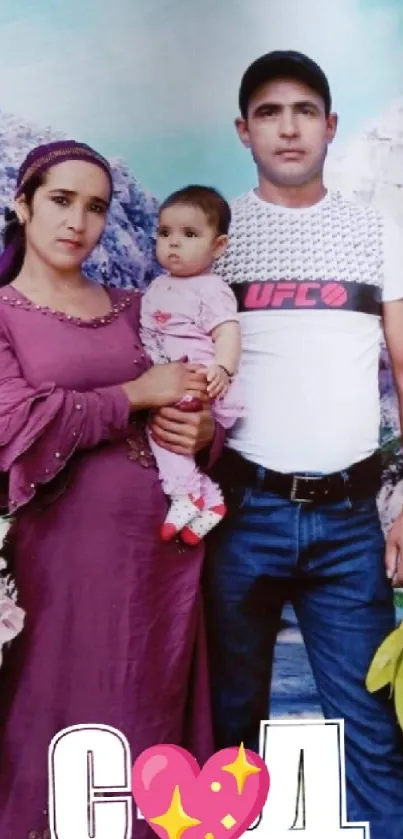 Family portrait with a serene natural backdrop and purple tones.