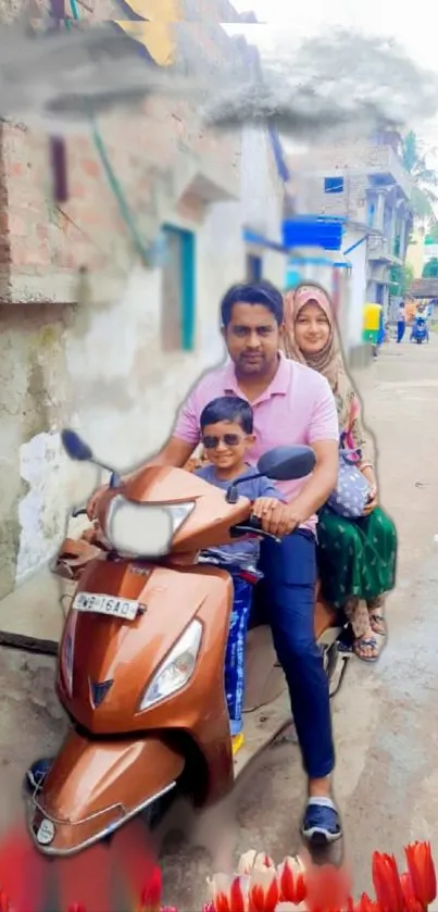 Family on scooter enjoying a joyful ride through a village.