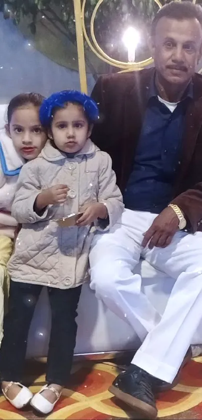 Family seated at event with colorful carpet backdrop.