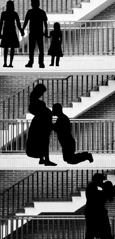 Family silhouettes on a staircase with a brick wall backdrop.