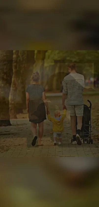 Family walking through an autumn park, surrounded by trees and fallen leaves.