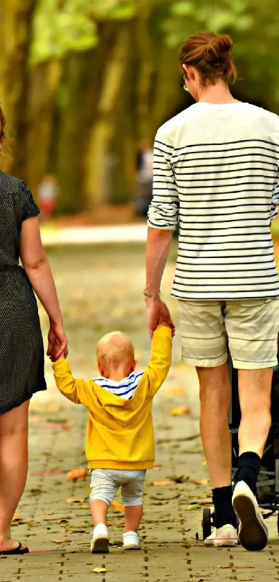 Family walking in a colorful autumn park with lush green trees.