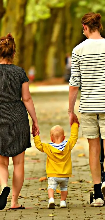 Family walking through a leafy autumn park.
