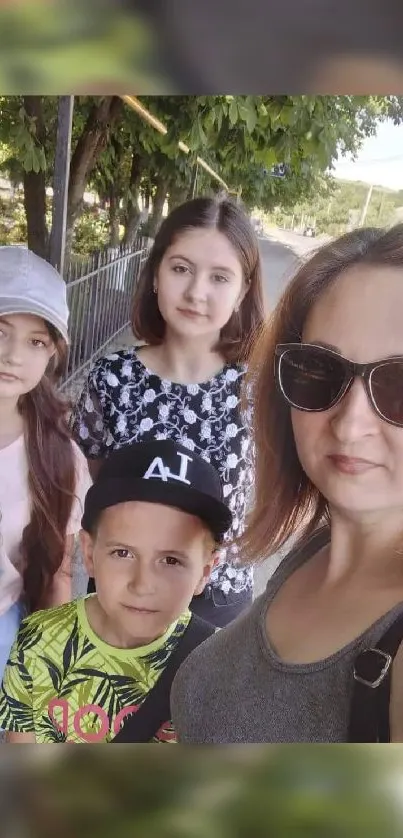 Family photo under green trees on a sunny day.