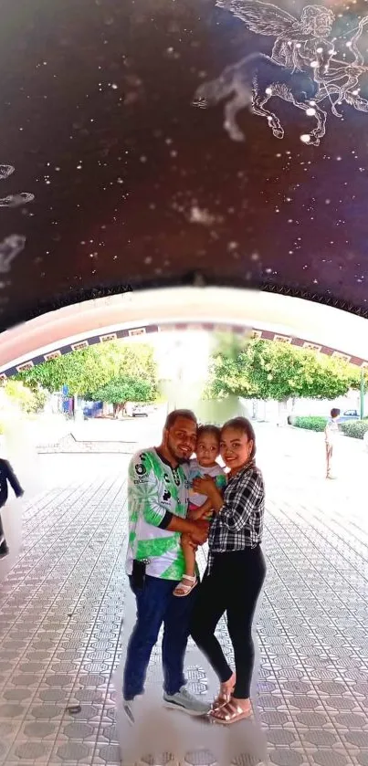 Family standing under a starry dome with celestial symbols.