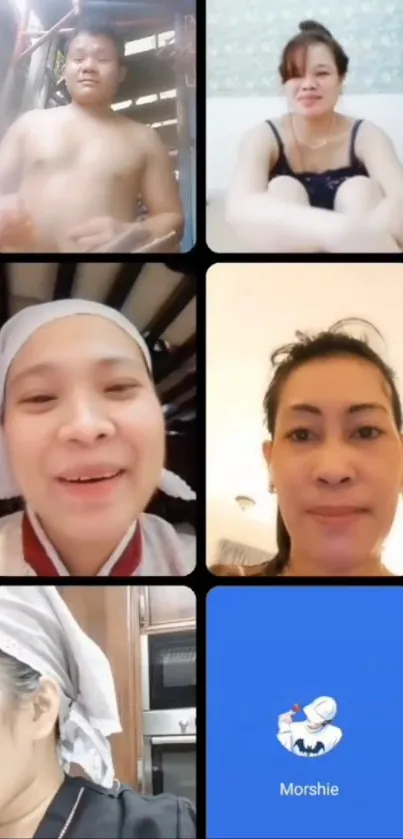 Video call wallpaper with multiple smiling faces.