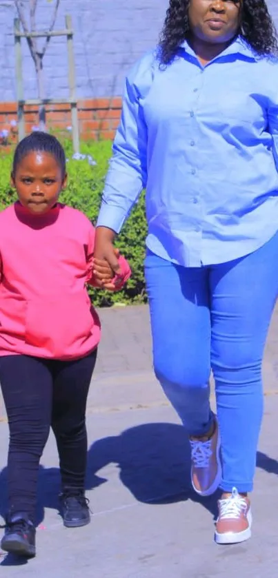 Family walking outdoors on a sunny day.