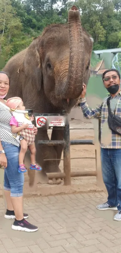 Family standing with an elephant at the zoo.