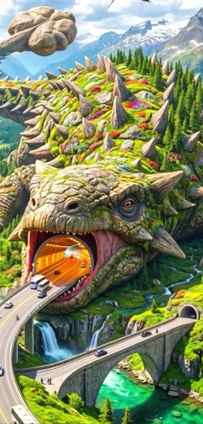 A giant reptilian monster incorporated with a scenic tunnel road.