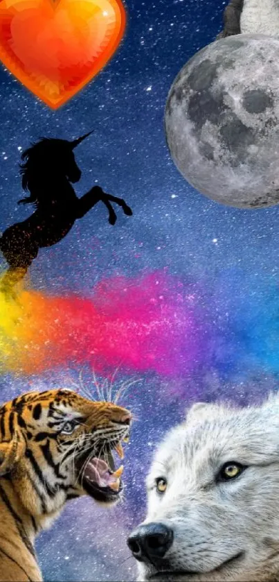 Fantasy wallpaper with unicorn, tiger, wolf, and moon on cosmic background.