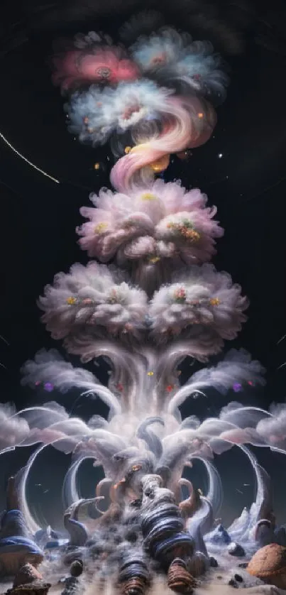 Fantastical cloudscape wallpaper with vibrant, surreal clouds in a dreamy arrangement.